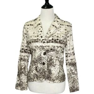 Chico's Women's Blazer Jacket Boho Cream Brown Long Sleeve Floral Pockets Sz 0